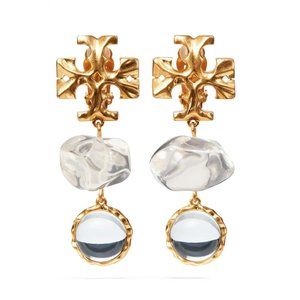 Tory Burch Roxanne Double Drop Earring in Clear White (18K GOLD PLATING) (NWT)